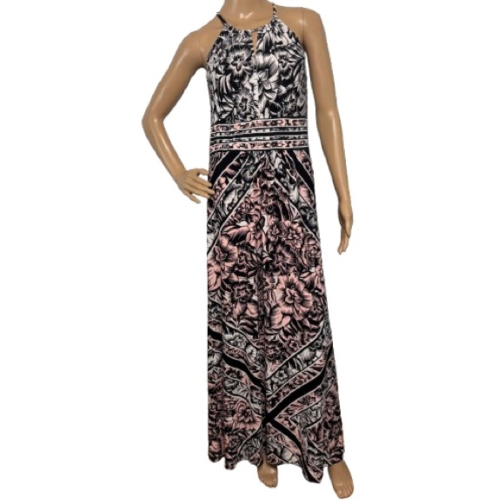 London Times Halter Style Floral Print Maxi Dress Size 4 Rose/Black